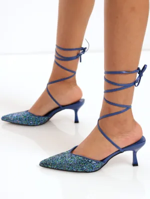 Ladies Glitter Kitten Heel Court Shoe With Ankle Tie - Blue