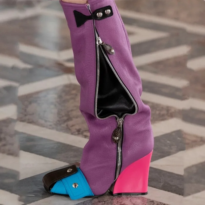 Ladies  Square Toe   Mixed Color Buckle Rivet Shoes