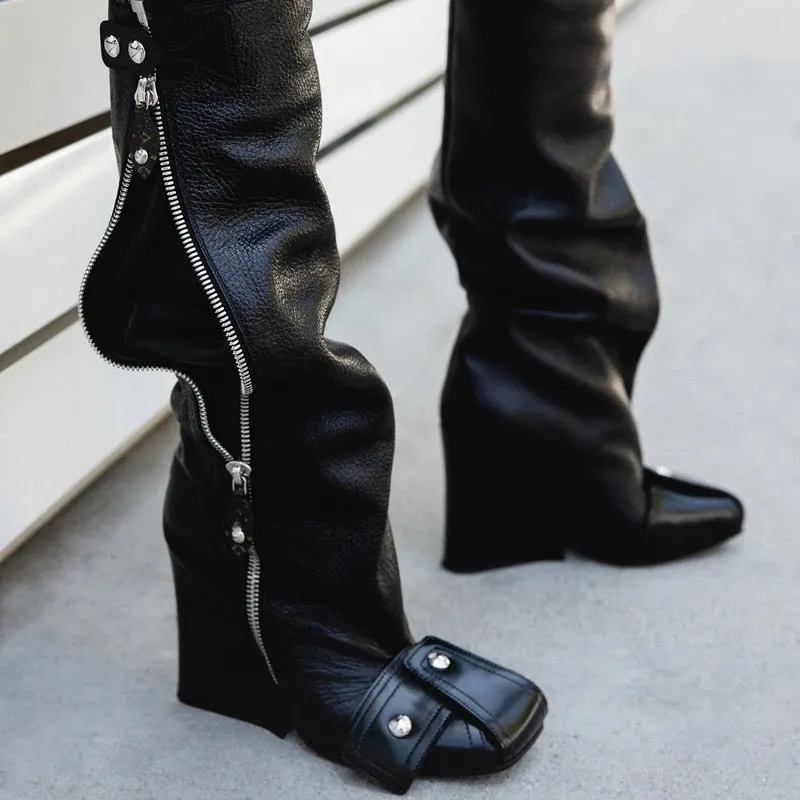 Ladies  Square Toe   Mixed Color Buckle Rivet Shoes