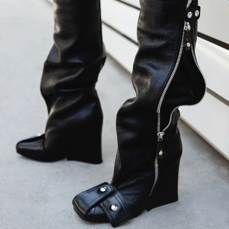 Ladies  Square Toe   Mixed Color Buckle Rivet Shoes