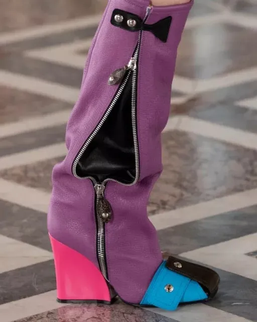 Ladies  Square Toe   Mixed Color Buckle Rivet Shoes