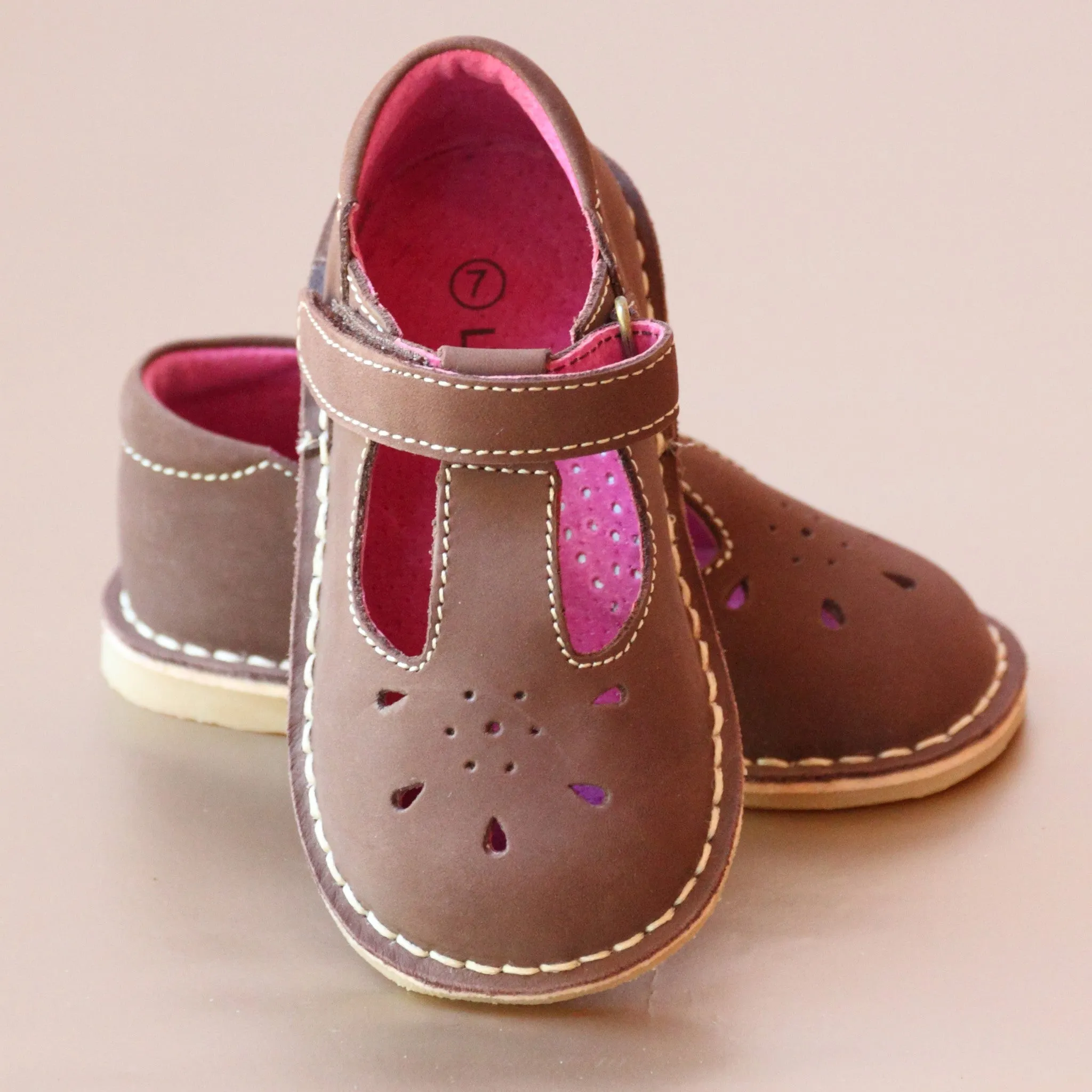 L'Amour Girls T-Strap Nubuck Leather Classic Mary Janes