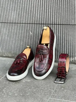 Lawson Burgundy Crocodile Pattern Slip-Ons - Stylish Leather Comfort