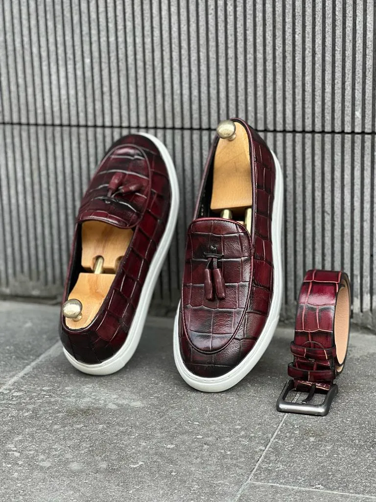 Lawson Burgundy Crocodile Pattern Slip-Ons - Stylish Leather Comfort