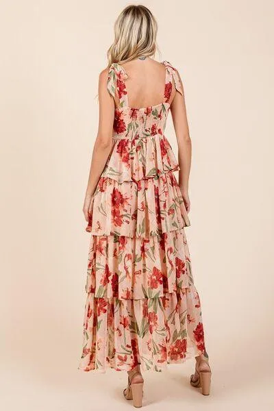 Layered Floral Sweetheart Neck Maxi Dress