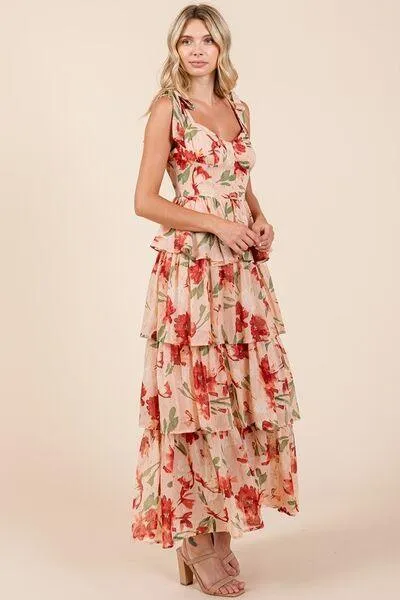 Layered Floral Sweetheart Neck Maxi Dress