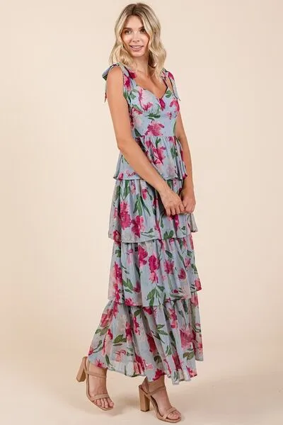 Layered Floral Sweetheart Neck Maxi Dress