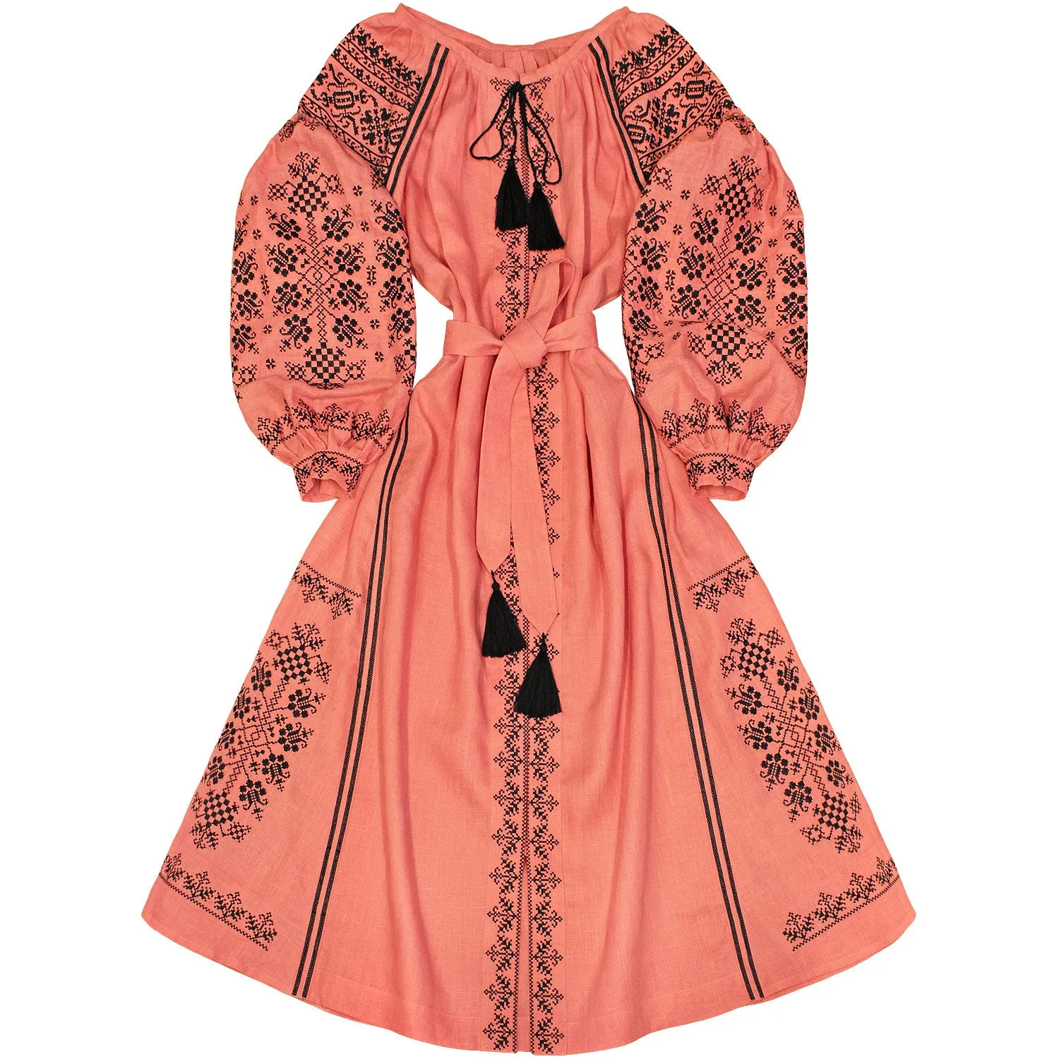 Long embroidered coral kaftan