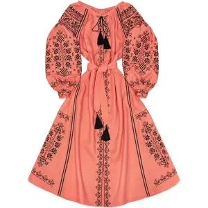 Long embroidered coral kaftan