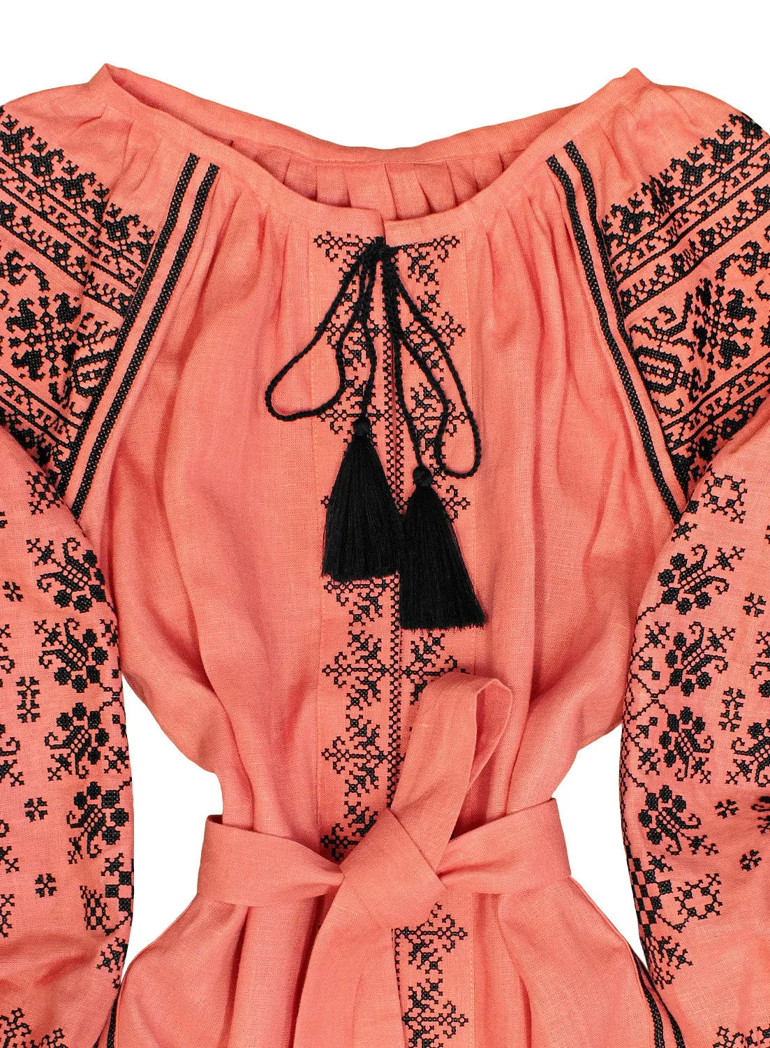 Long embroidered coral kaftan