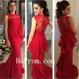 Long Lace Prom Dresses,Red Prom Dress,Evening Dress