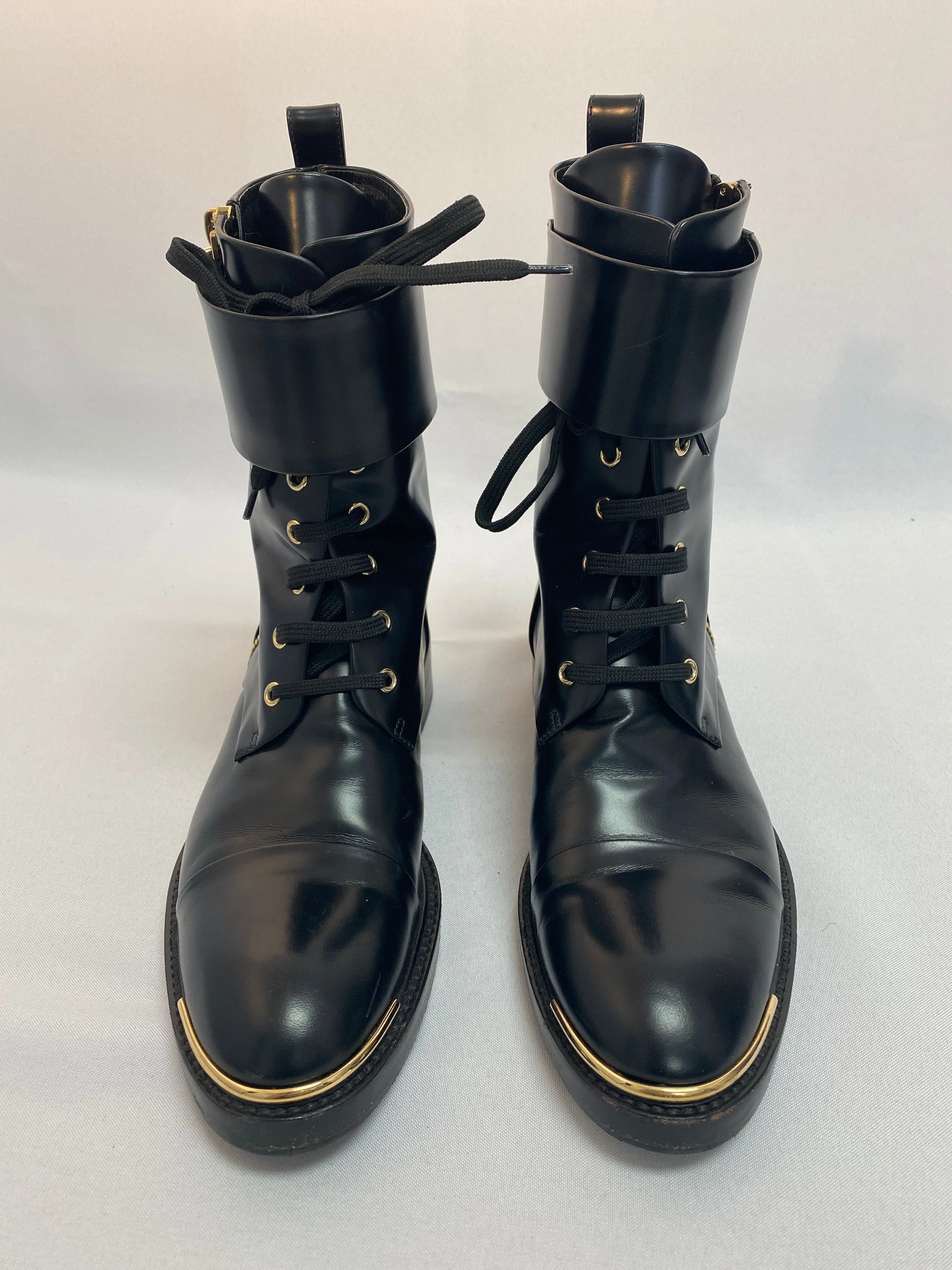 Louis Vuitton Black Leather Boots with Metal Buckle Closure