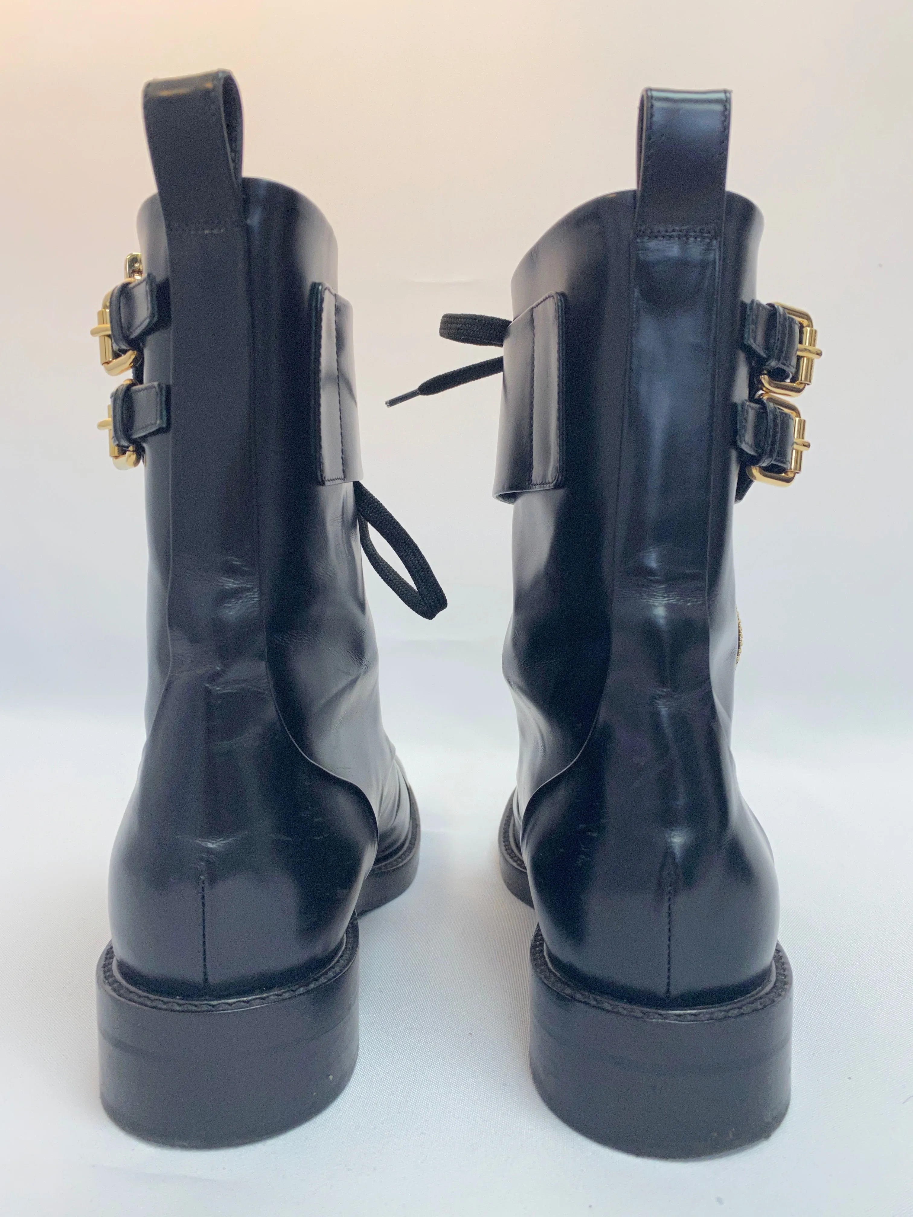 Louis Vuitton Black Leather Boots with Metal Buckle Closure