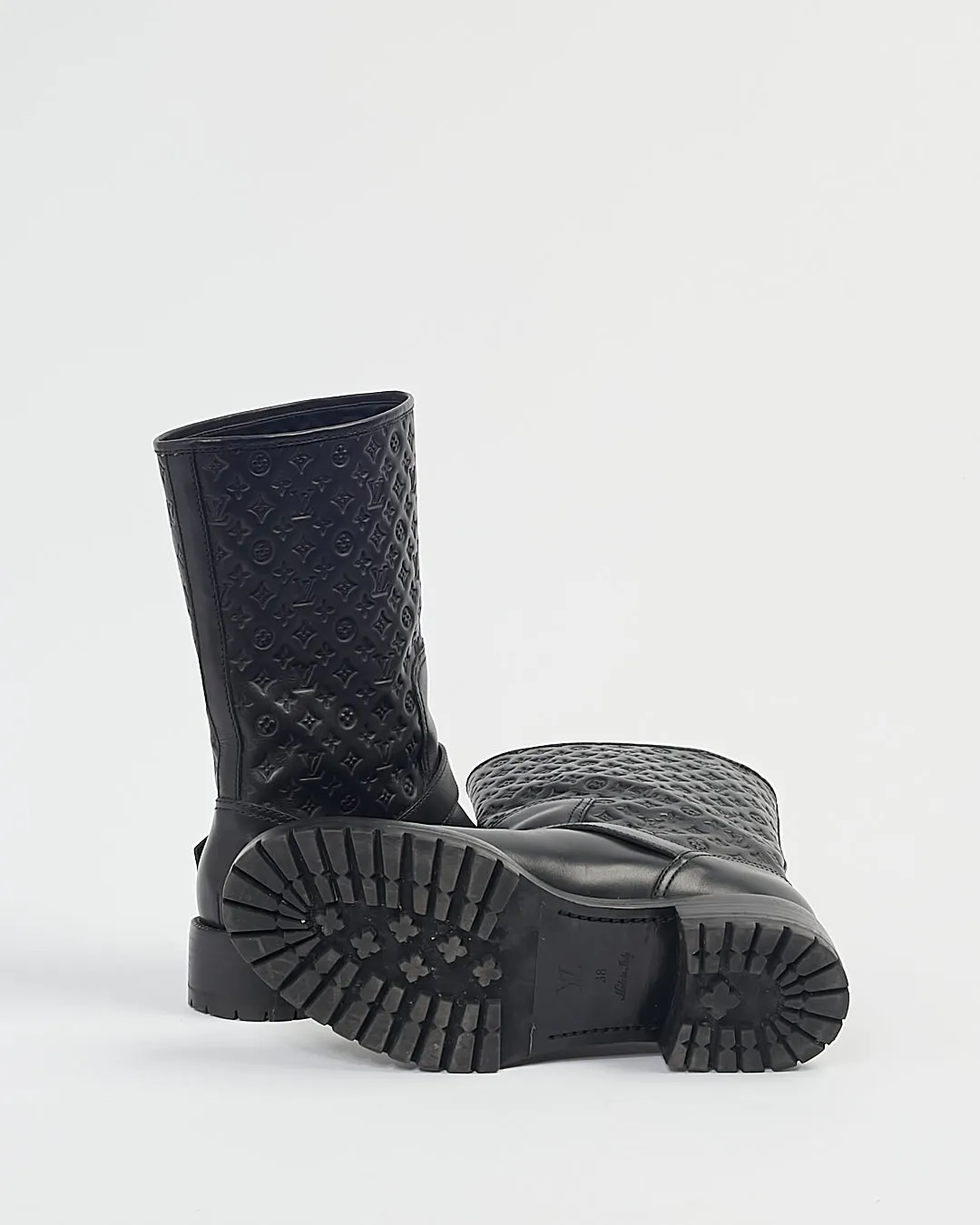 Louis Vuitton Black Smooth Leather Monogram Buckle Boots - 8