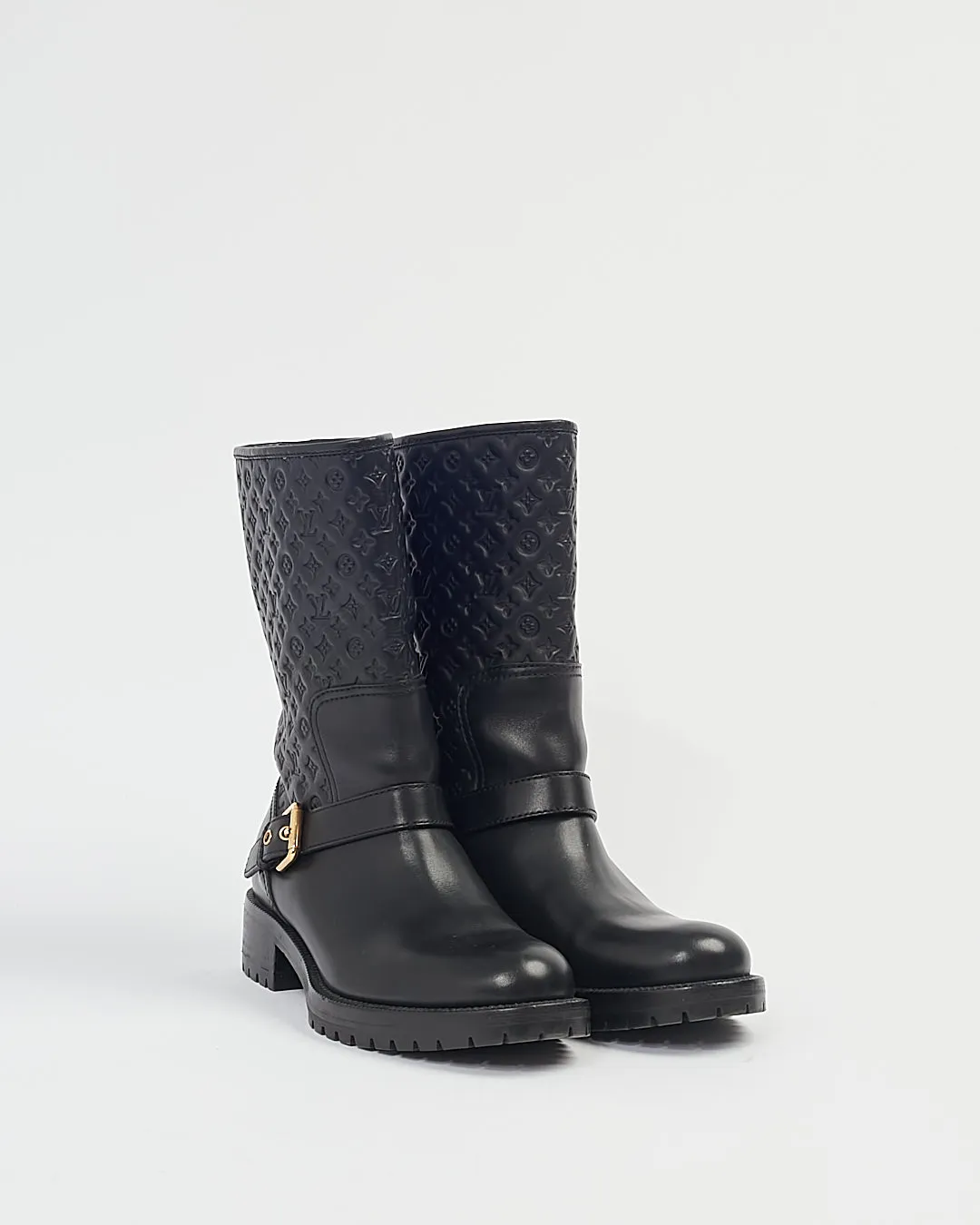Louis Vuitton Black Smooth Leather Monogram Buckle Boots - 8