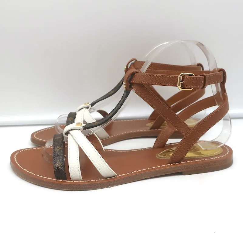 Louis Vuitton Explorer Flat Ankle Strap Sandals Brown Leather & Monogram Size 38