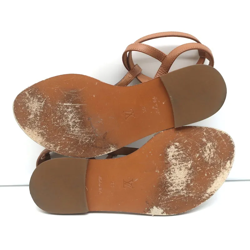 Louis Vuitton Explorer Flat Ankle Strap Sandals Brown Leather & Monogram Size 38