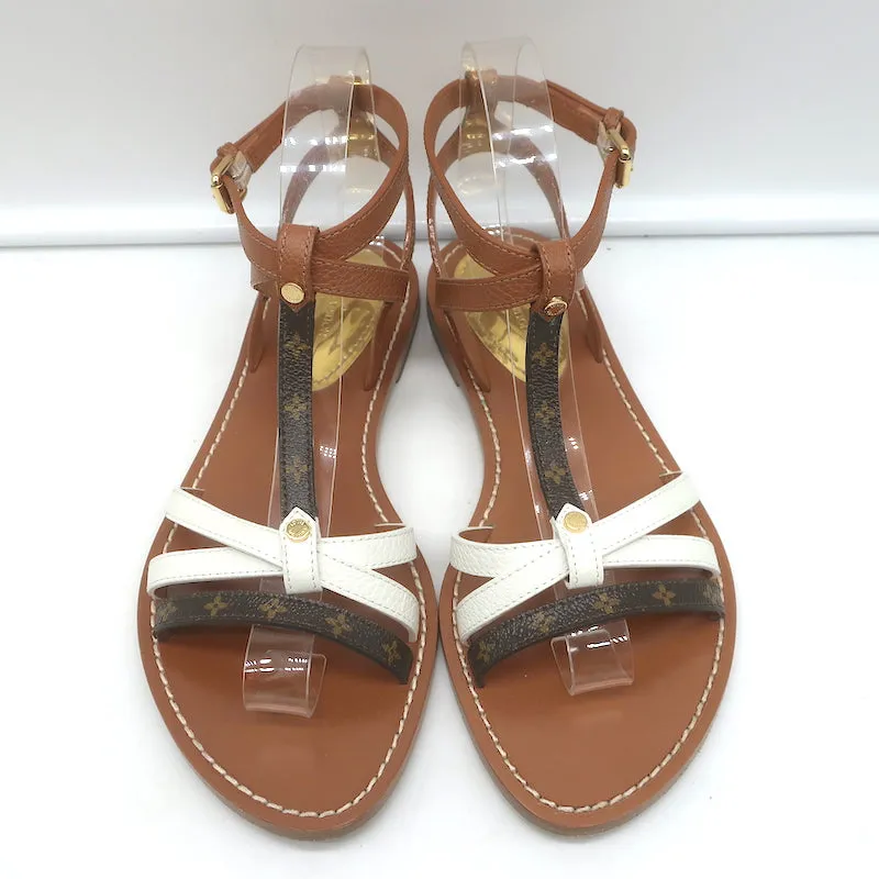 Louis Vuitton Explorer Flat Ankle Strap Sandals Brown Leather & Monogram Size 38