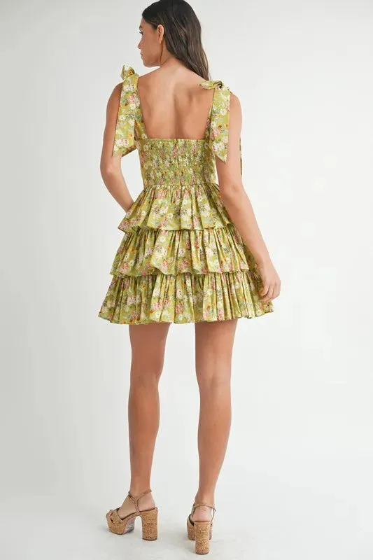 MABLE Floral Print Shoulder Tie Layered Mini Dress