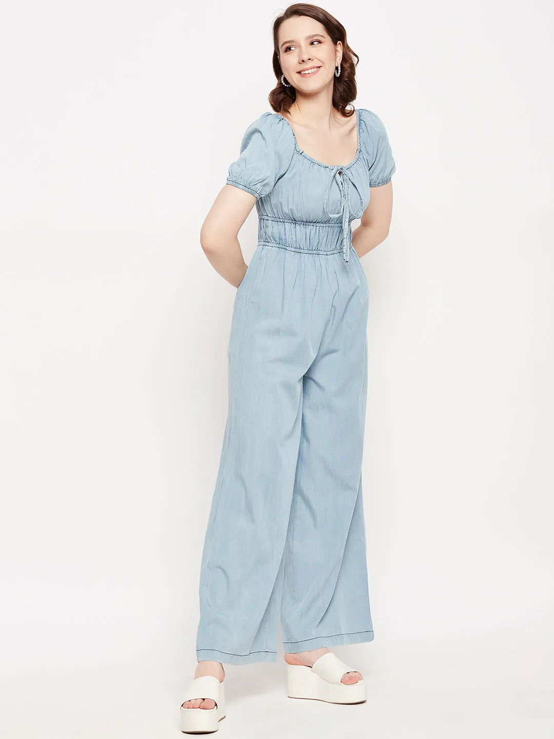 Madame Lightblue Scoop Neckline Knot Detailed Jumpsuit