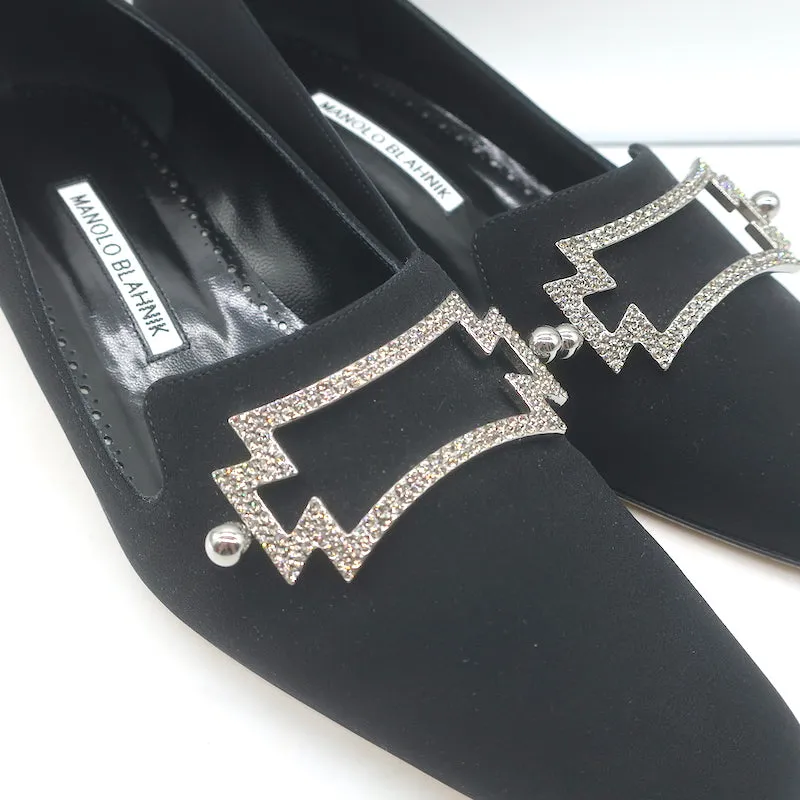 Manolo Blahnik Ansulialo 30 Crystal-Buckle Kitten Heel Pumps Black Silk Size 41