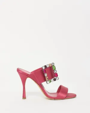 Manolo Blahnik Pink Satin & Multi Color Embellished Buckle Mule Heels - 38