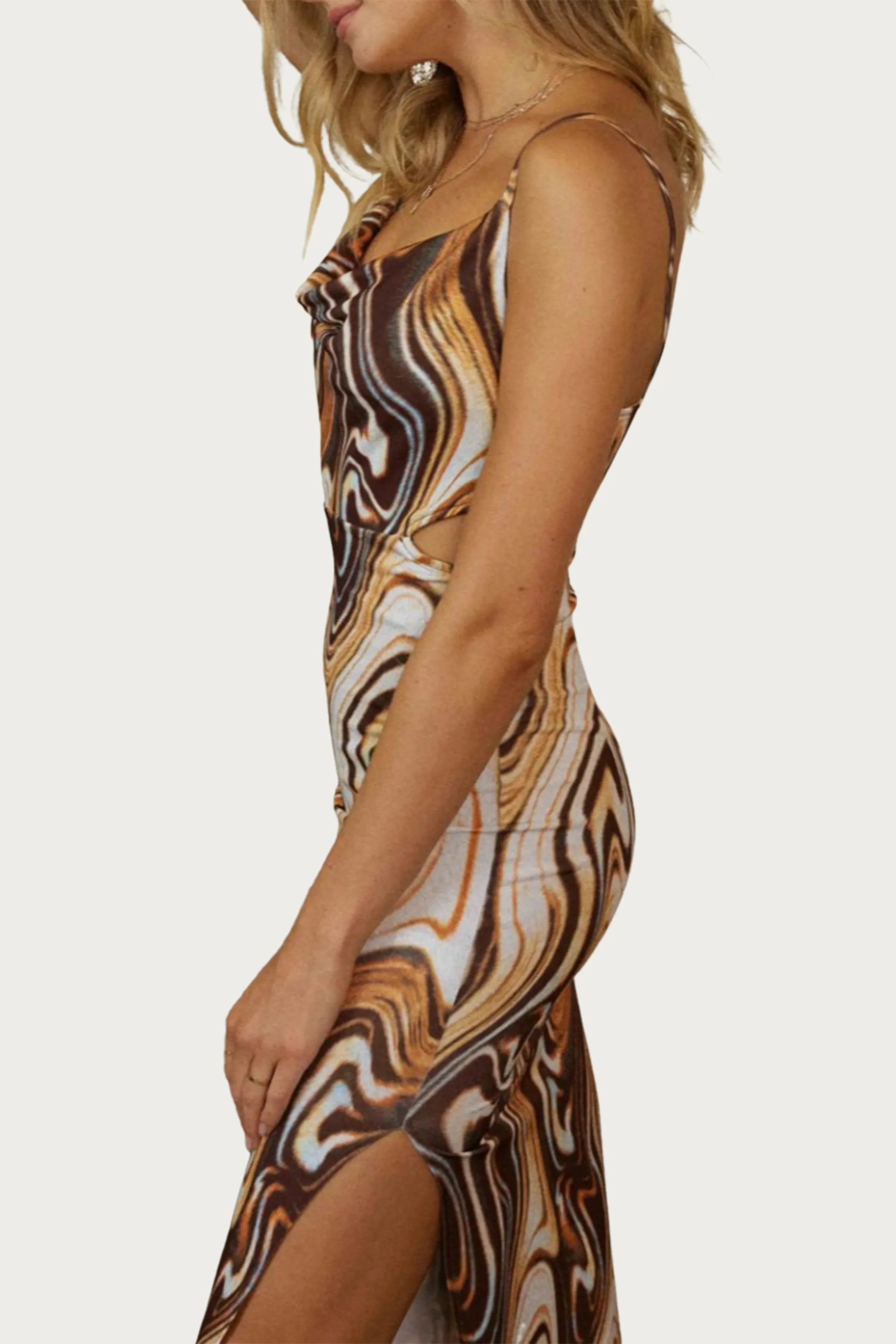 MARBLE-PRINT COWL STRETCH-JERSEY CUTOUT MIDI DRESS