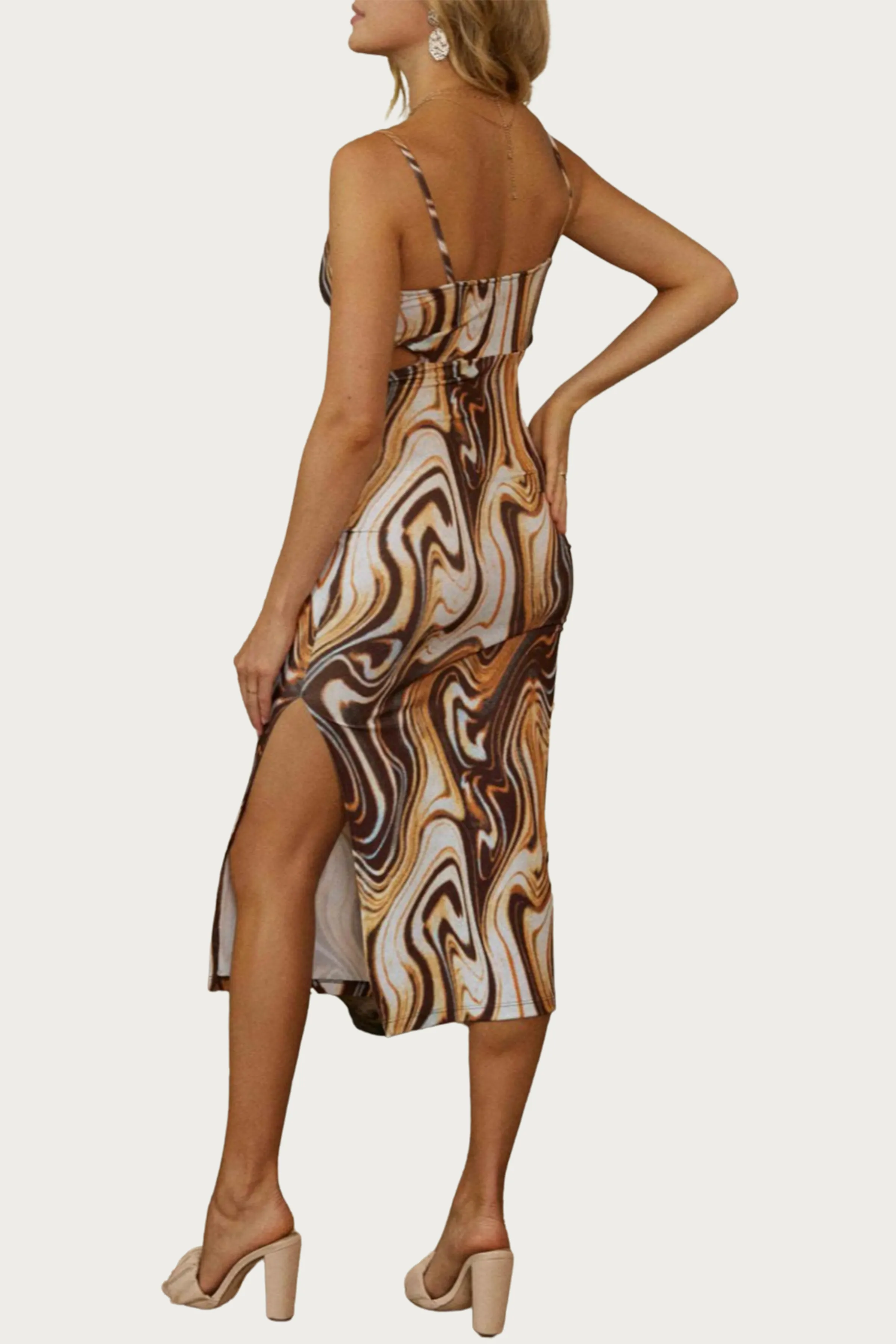 MARBLE-PRINT COWL STRETCH-JERSEY CUTOUT MIDI DRESS