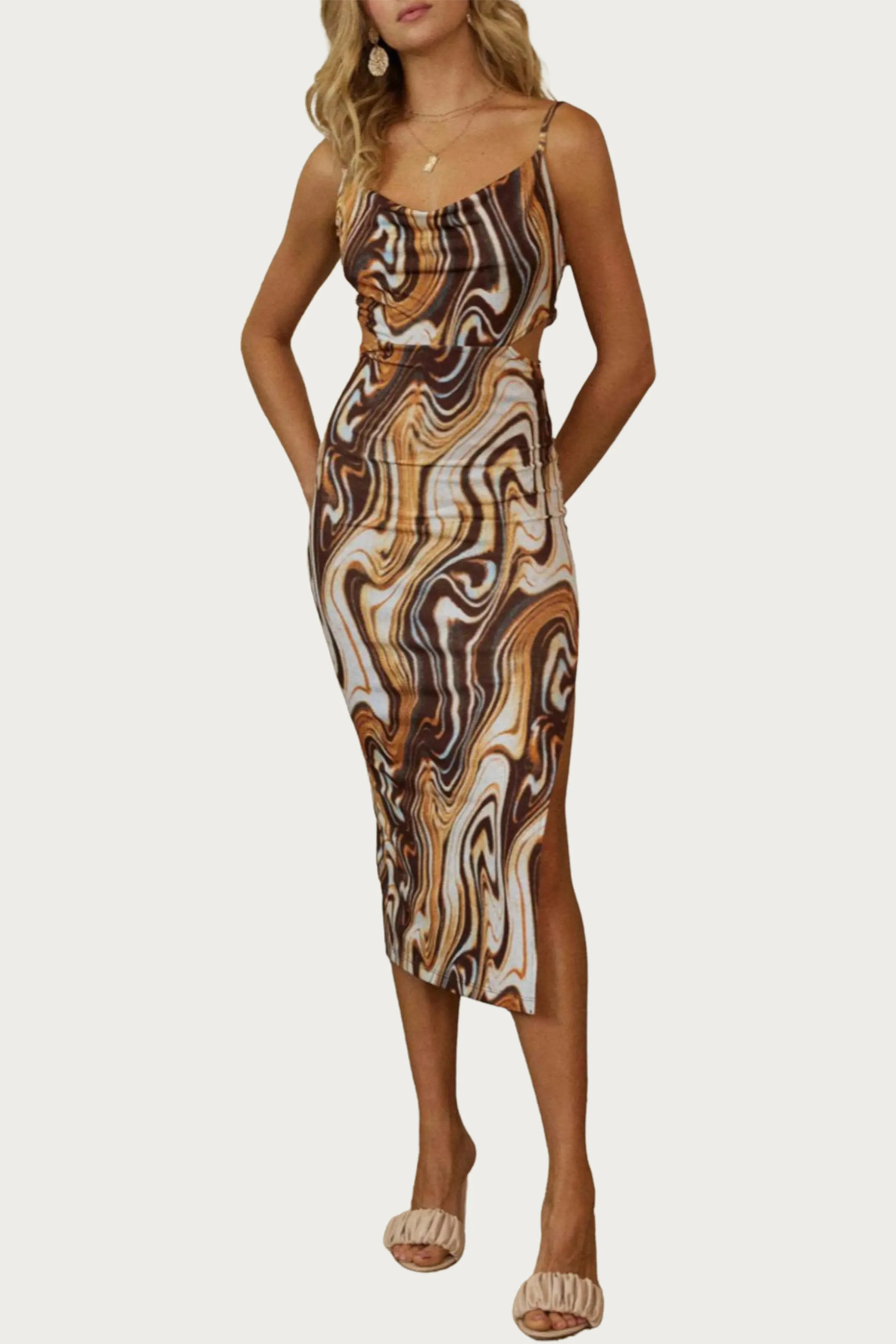 MARBLE-PRINT COWL STRETCH-JERSEY CUTOUT MIDI DRESS