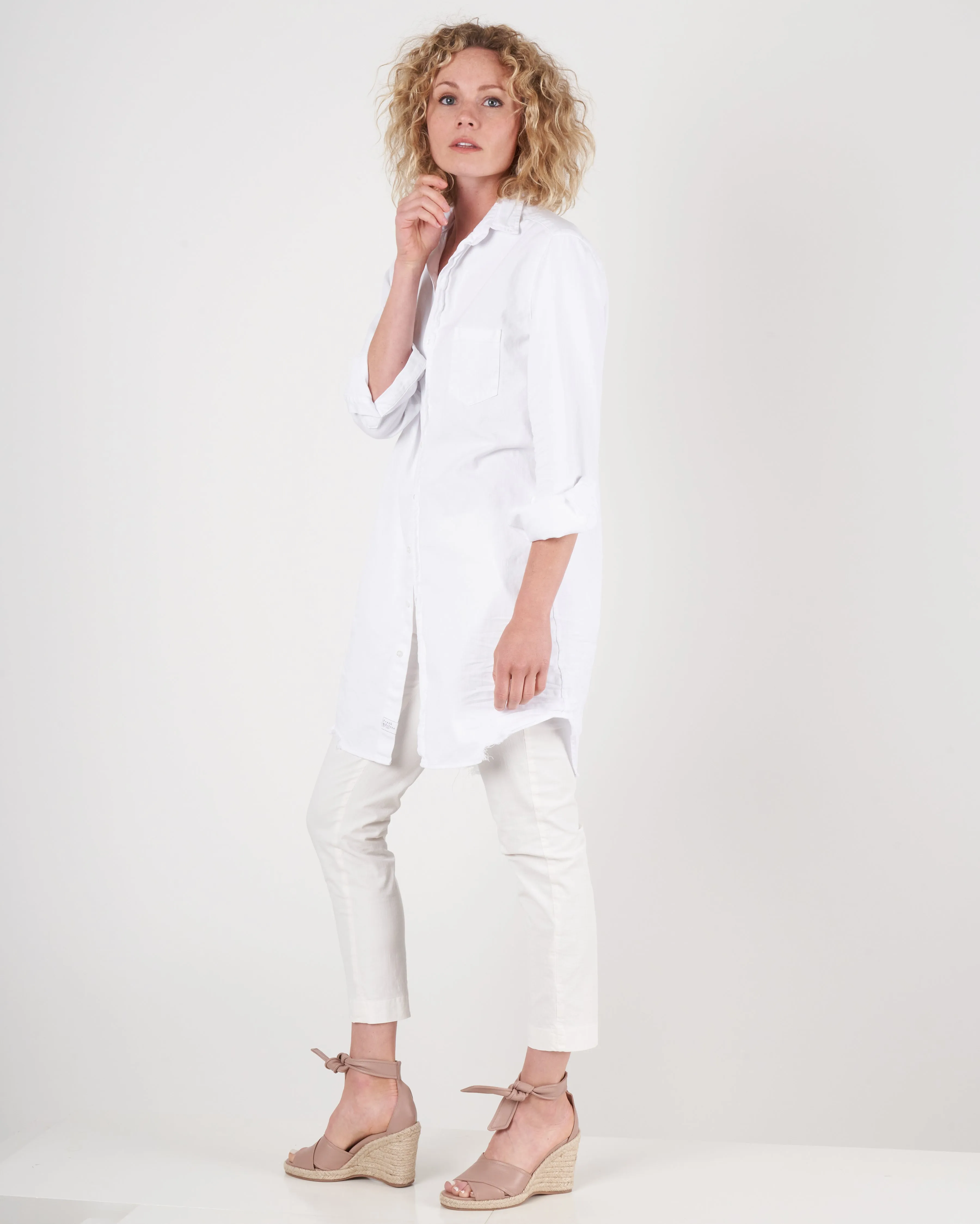 mary woven button up dress - white tattered denim