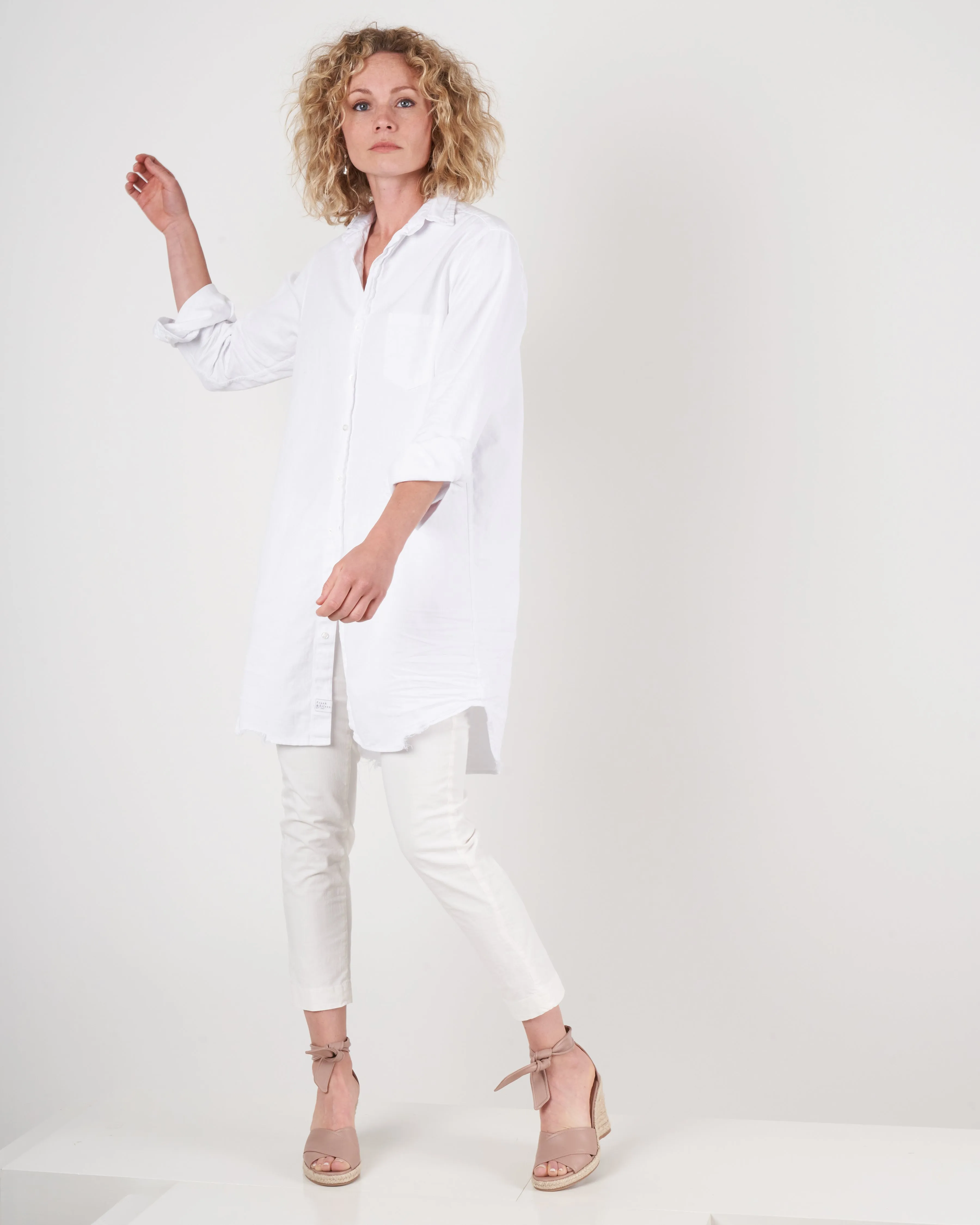 mary woven button up dress - white tattered denim
