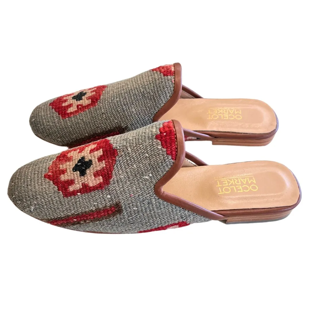 Men's Turkish Kilim Mules | Grey with Red