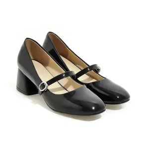 Meotina Women Shoes High Heels Mary Janes Shoes Patent Leather Thick Heel Pumps Buckle Square Toe Female Footwear White 33-43