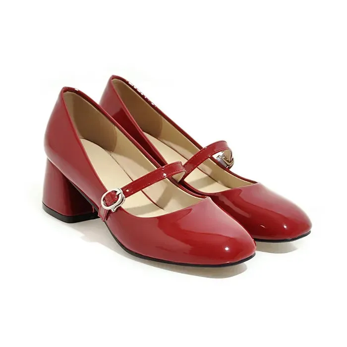 Meotina Women Shoes High Heels Mary Janes Shoes Patent Leather Thick Heel Pumps Buckle Square Toe Female Footwear White 33-43