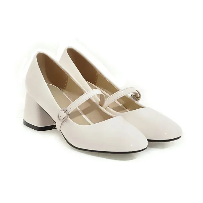 Meotina Women Shoes High Heels Mary Janes Shoes Patent Leather Thick Heel Pumps Buckle Square Toe Female Footwear White 33-43
