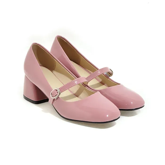 Meotina Women Shoes High Heels Mary Janes Shoes Patent Leather Thick Heel Pumps Buckle Square Toe Female Footwear White 33-43