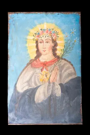 Mexican Retablo Alma de María Oil on Tin