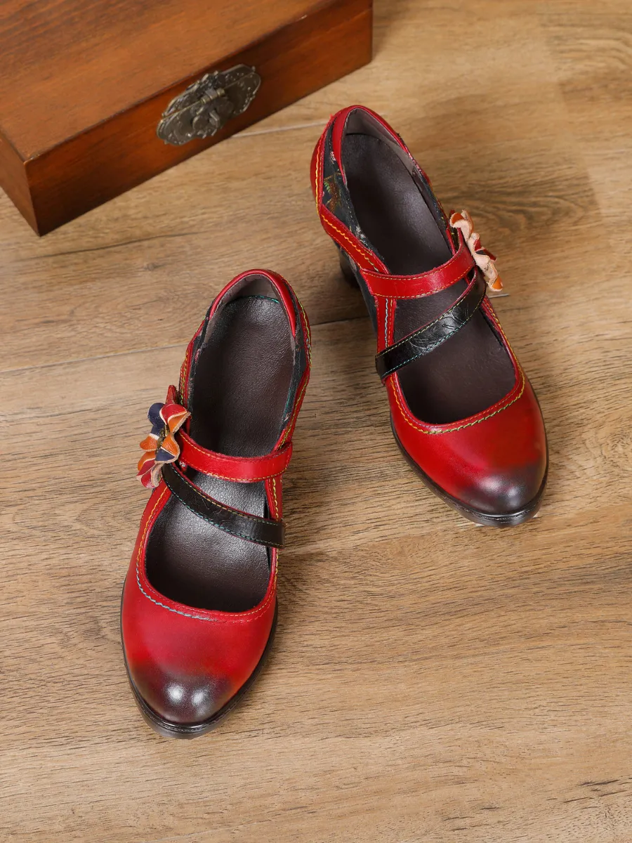 Milas Side Flower Appliqued Red Leather Mary Jane