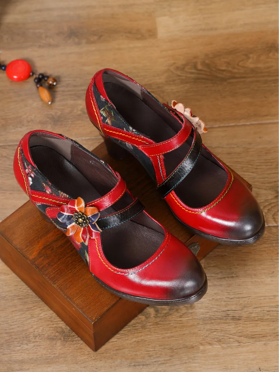 Milas Side Flower Appliqued Red Leather Mary Jane