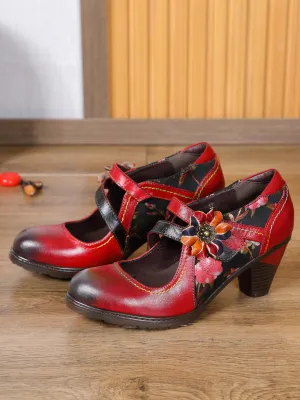 Milas Side Flower Appliqued Red Leather Mary Jane