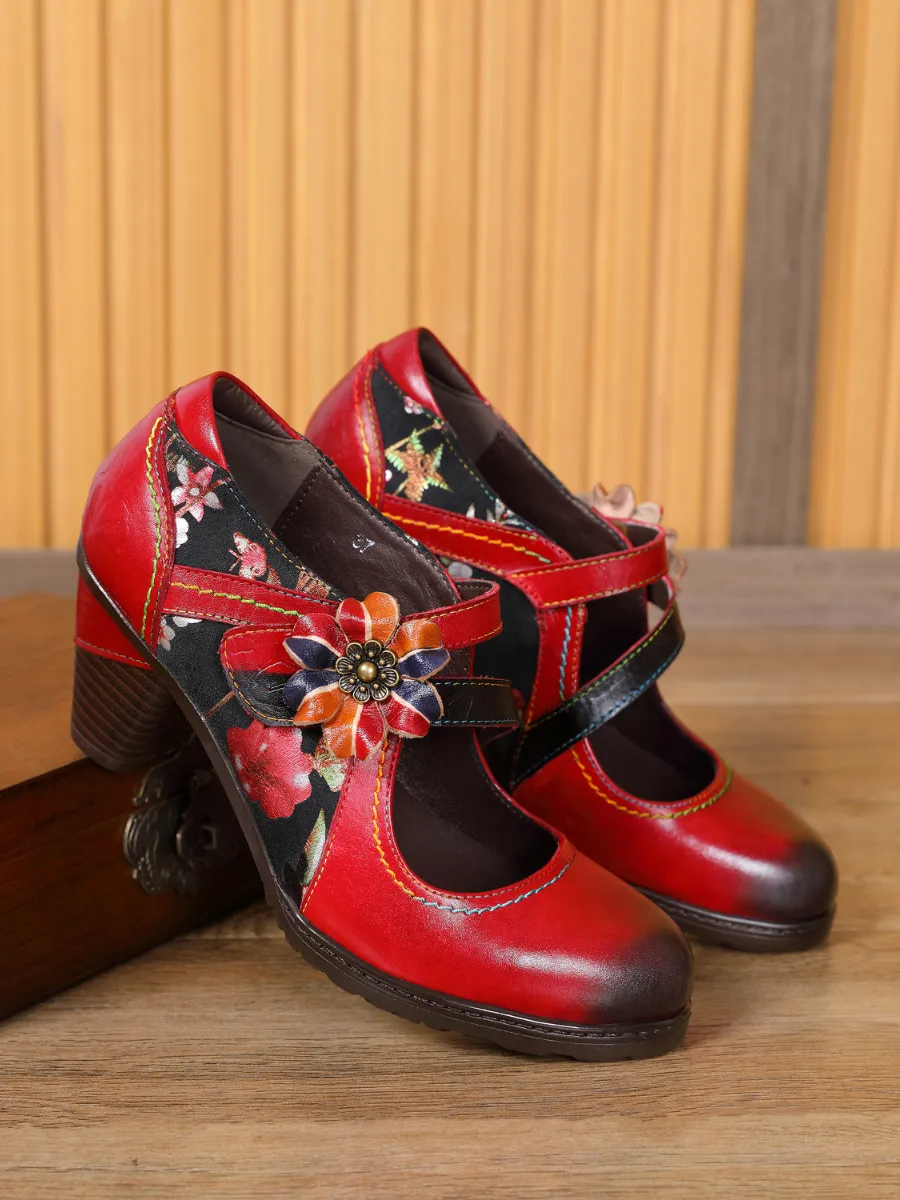 Milas Side Flower Appliqued Red Leather Mary Jane