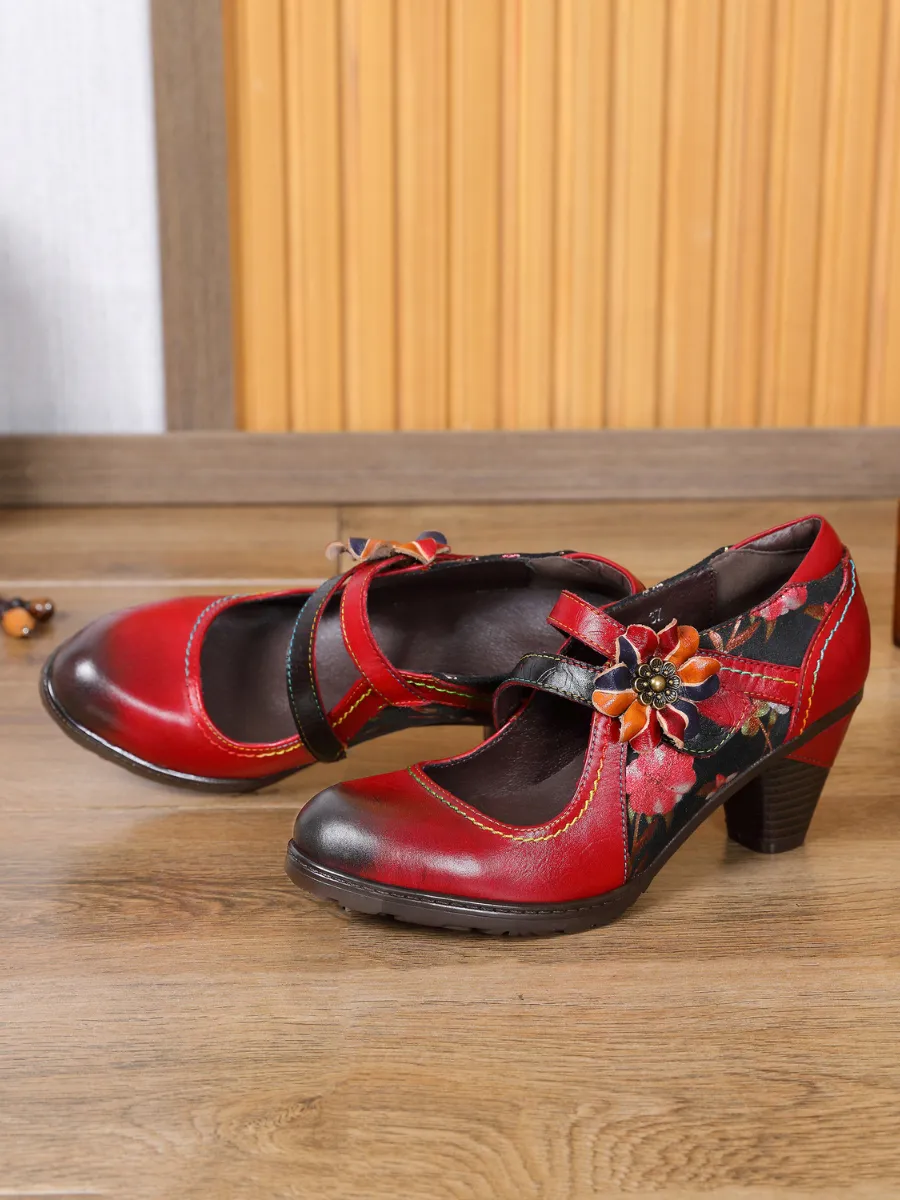 Milas Side Flower Appliqued Red Leather Mary Jane