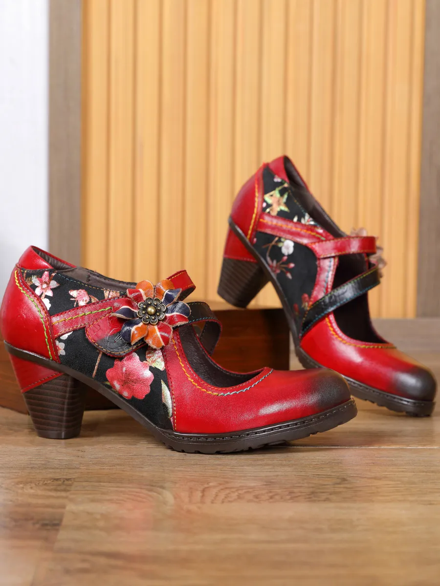 Milas Side Flower Appliqued Red Leather Mary Jane
