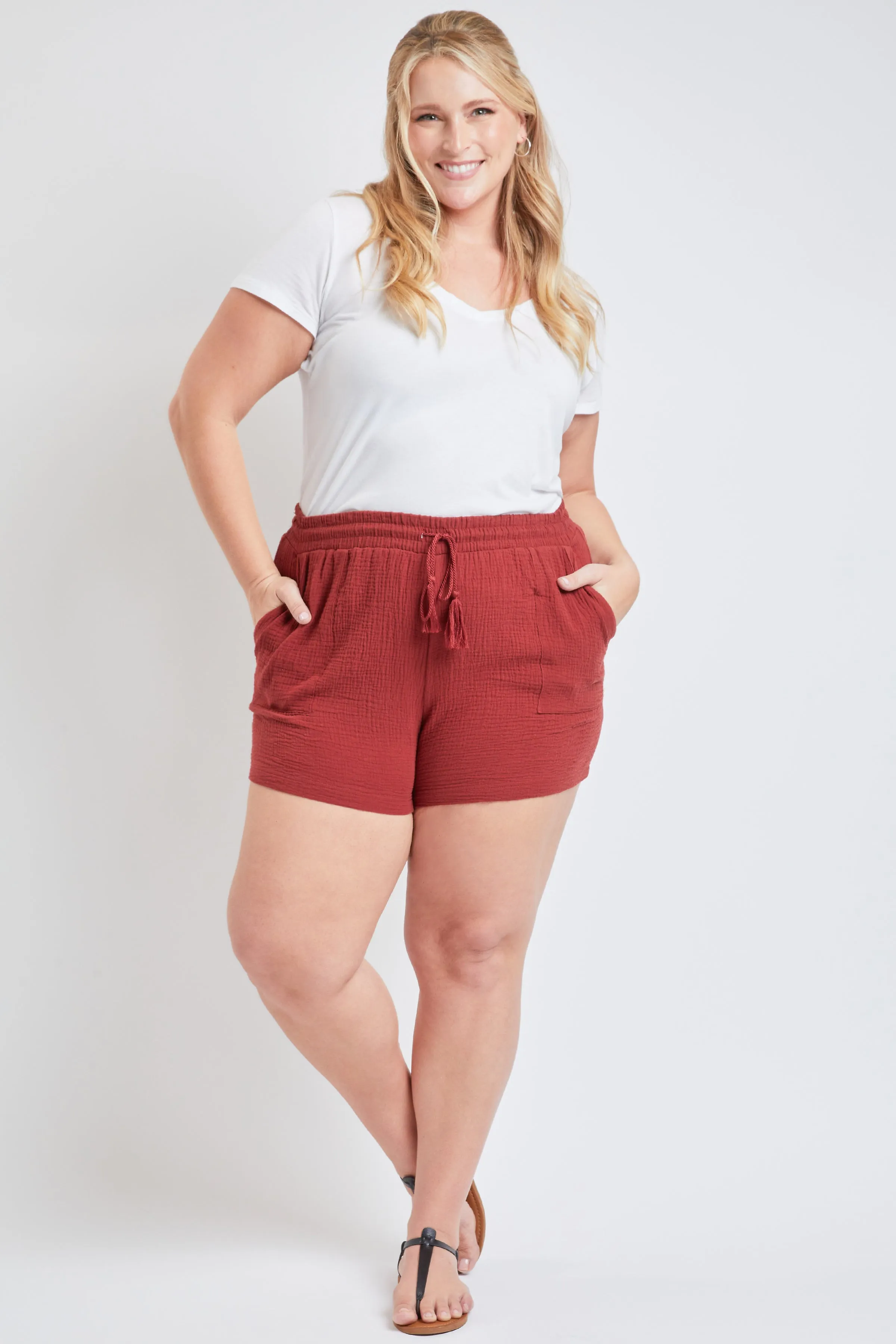 Missy Plus Size Double Gauze Shorts With Porkchop Pockets And Tassel Drawstring 6 Pack