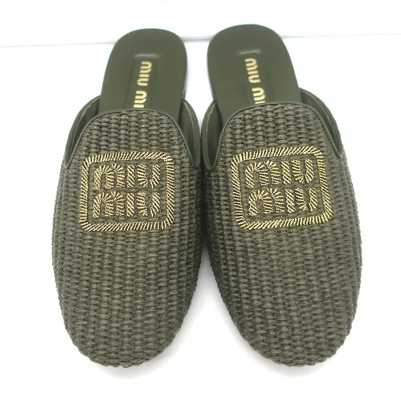 Miu Miu Raffia-Effect Logo Slippers Military Green Size 38.5 Flat Mules