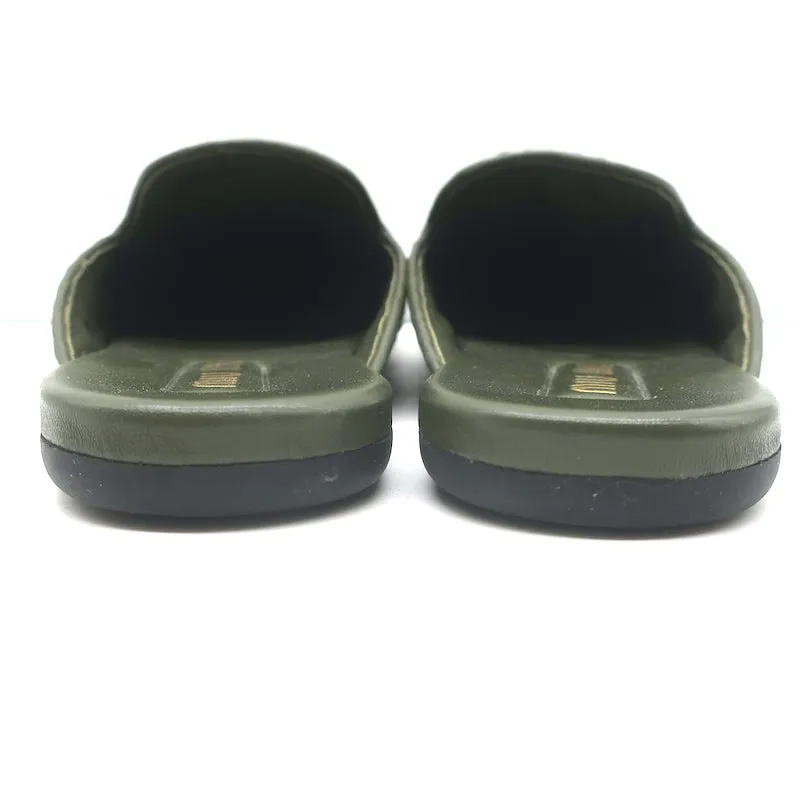 Miu Miu Raffia-Effect Logo Slippers Military Green Size 38.5 Flat Mules