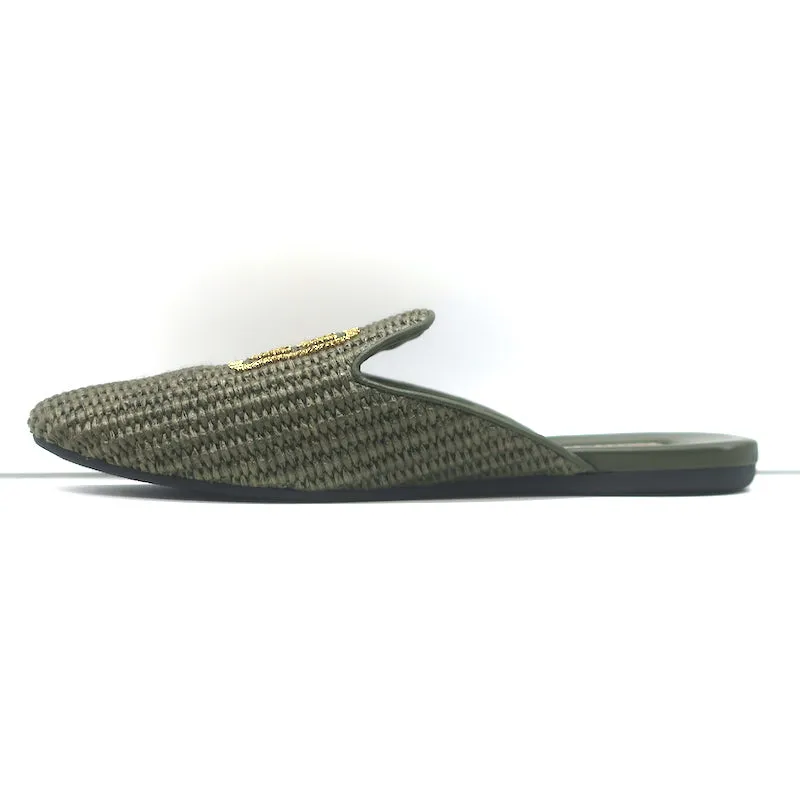 Miu Miu Raffia-Effect Logo Slippers Military Green Size 38.5 Flat Mules
