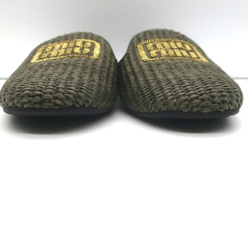 Miu Miu Raffia-Effect Logo Slippers Military Green Size 38.5 Flat Mules