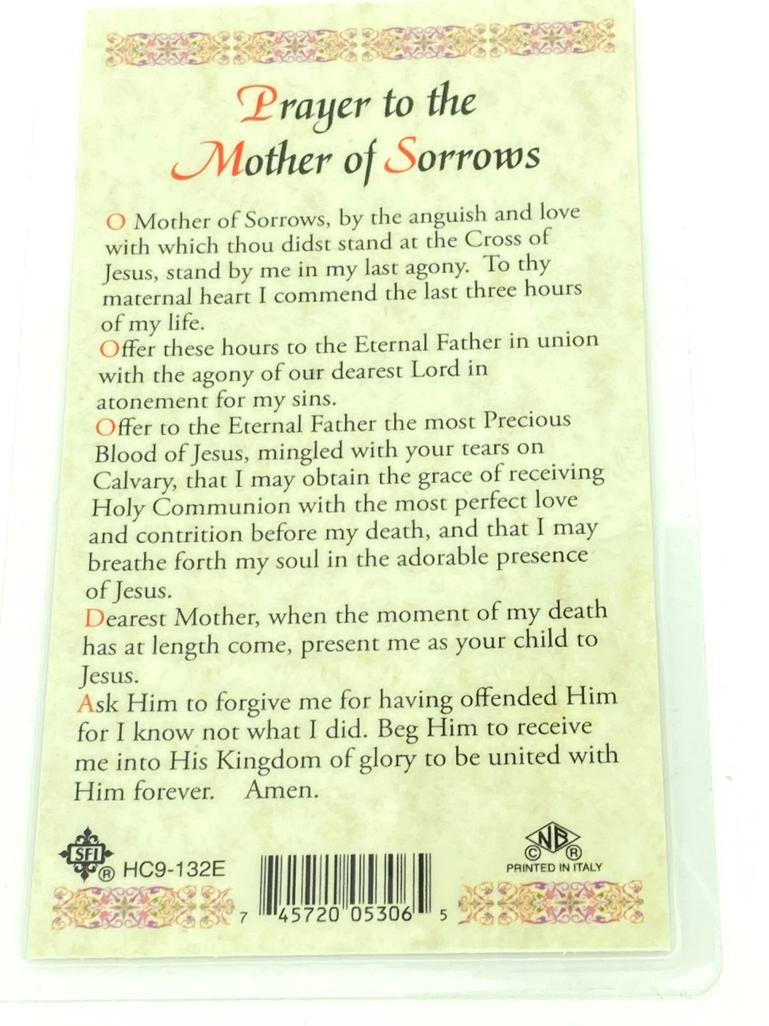 Mother of Sorrows Laminated Holy Card (Plastic Covered)