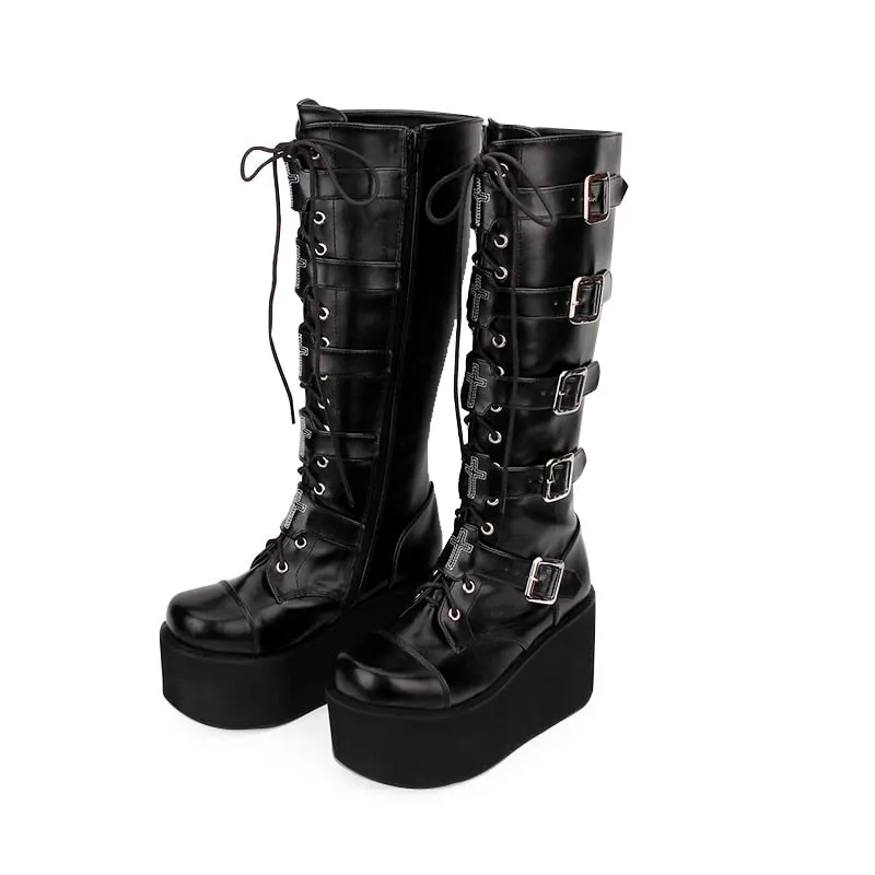motorcycle punk boots lady wedges platform shoes